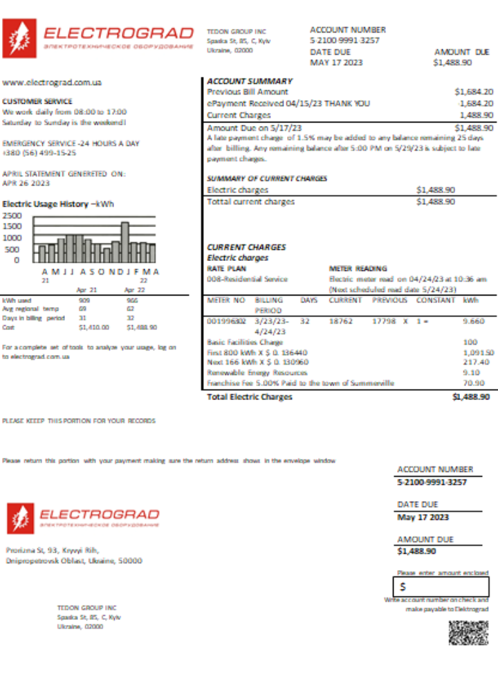 Elektrograd electricity utility business bill SCR PSD template